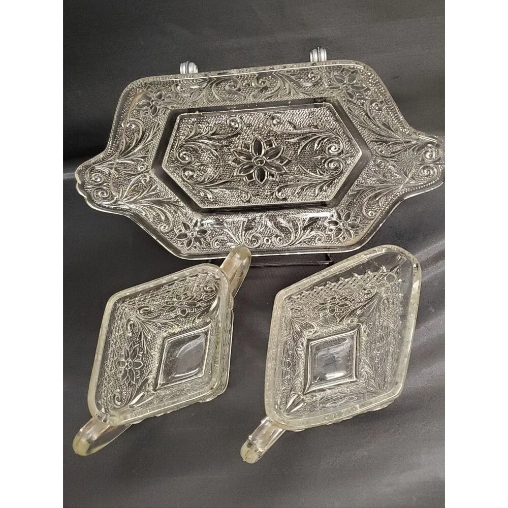 Vintage Indiana Glass Tiara Sandwich Pattern Serving Tray Set